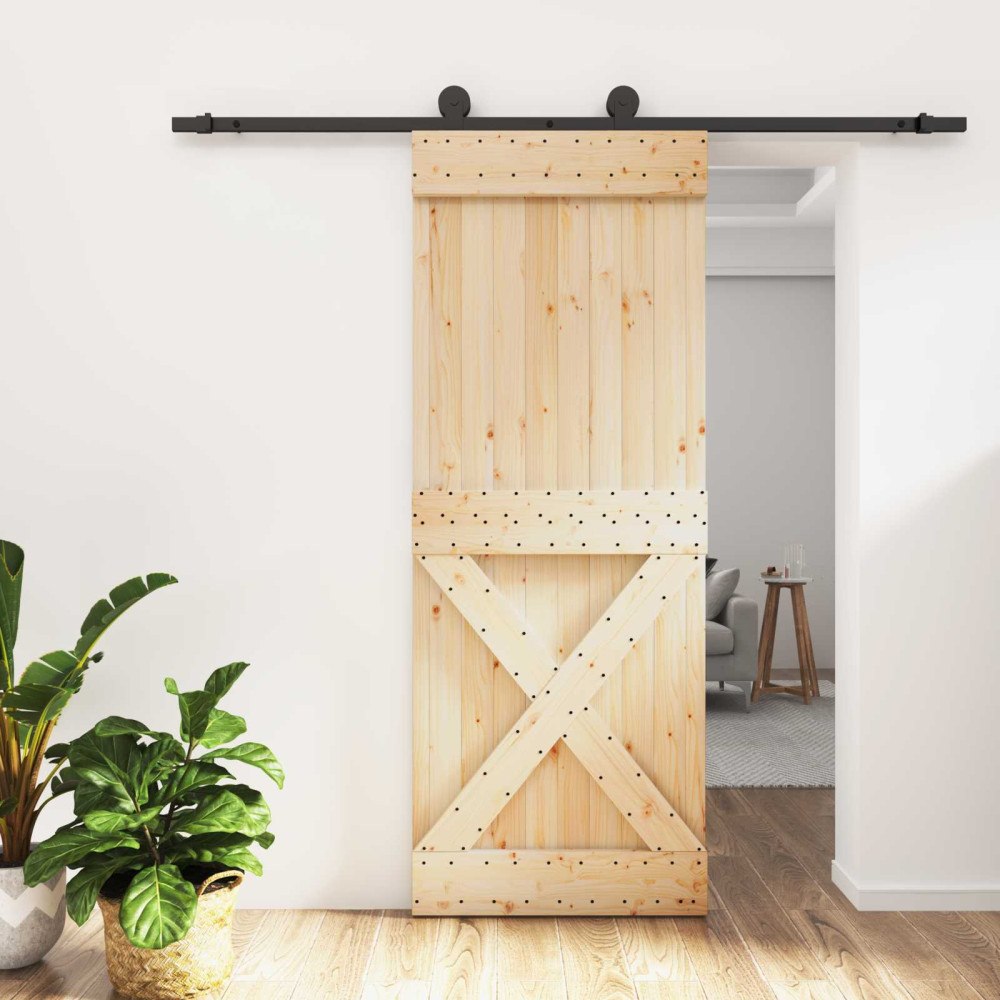vidaXL Skjutdörr Naturlig och svart 80 x 210 cm Massiv furuträdörr