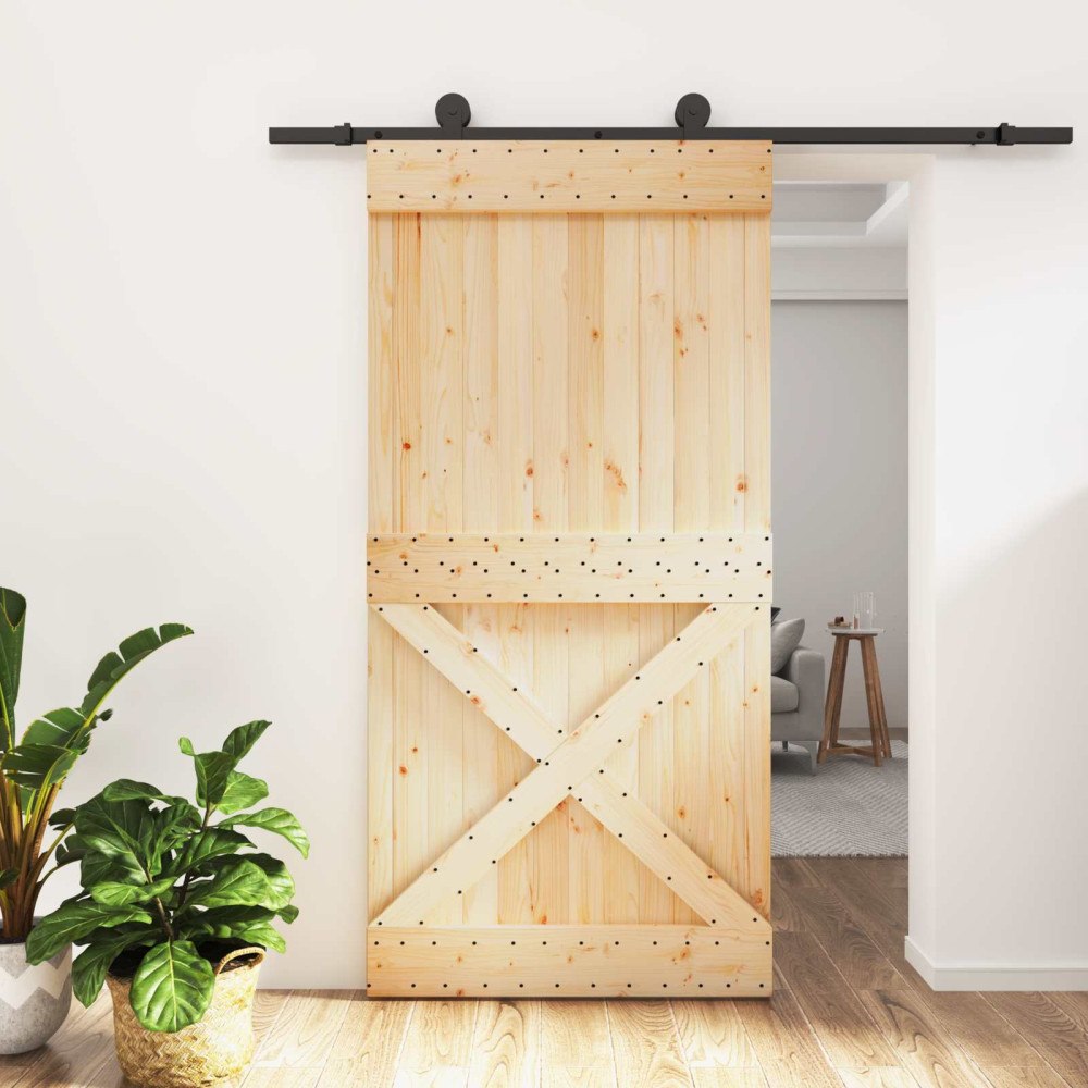 vidaXL Skjutdörr Naturlig och svart 100 x 210 cm Massiv furuträdörr