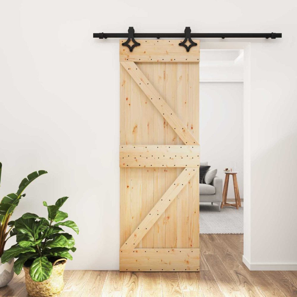 vidaXL Skjutdörr Naturlig och svart 70 x 210 cm Massiv furuträdörr