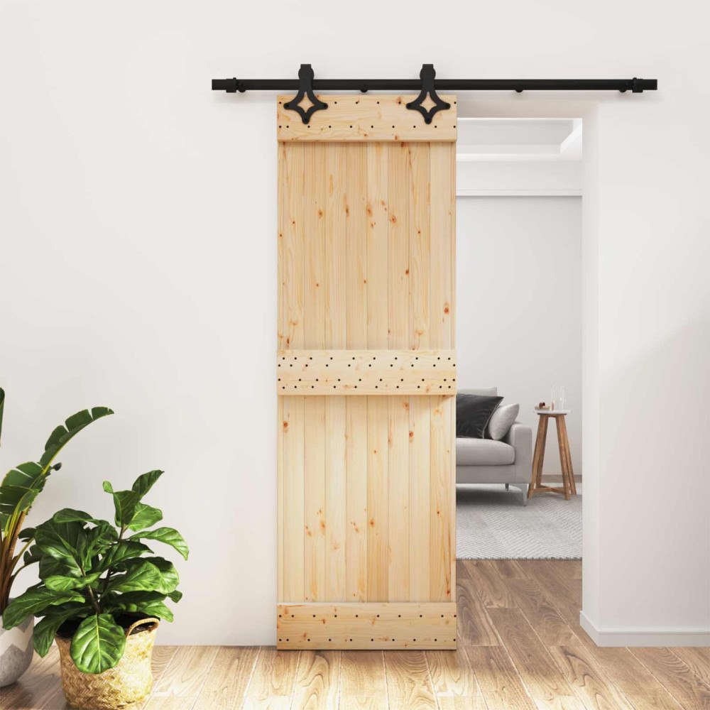 vidaXL Skjutdörr Naturlig och svart 70 x 210 cm Massiv furuträdörr