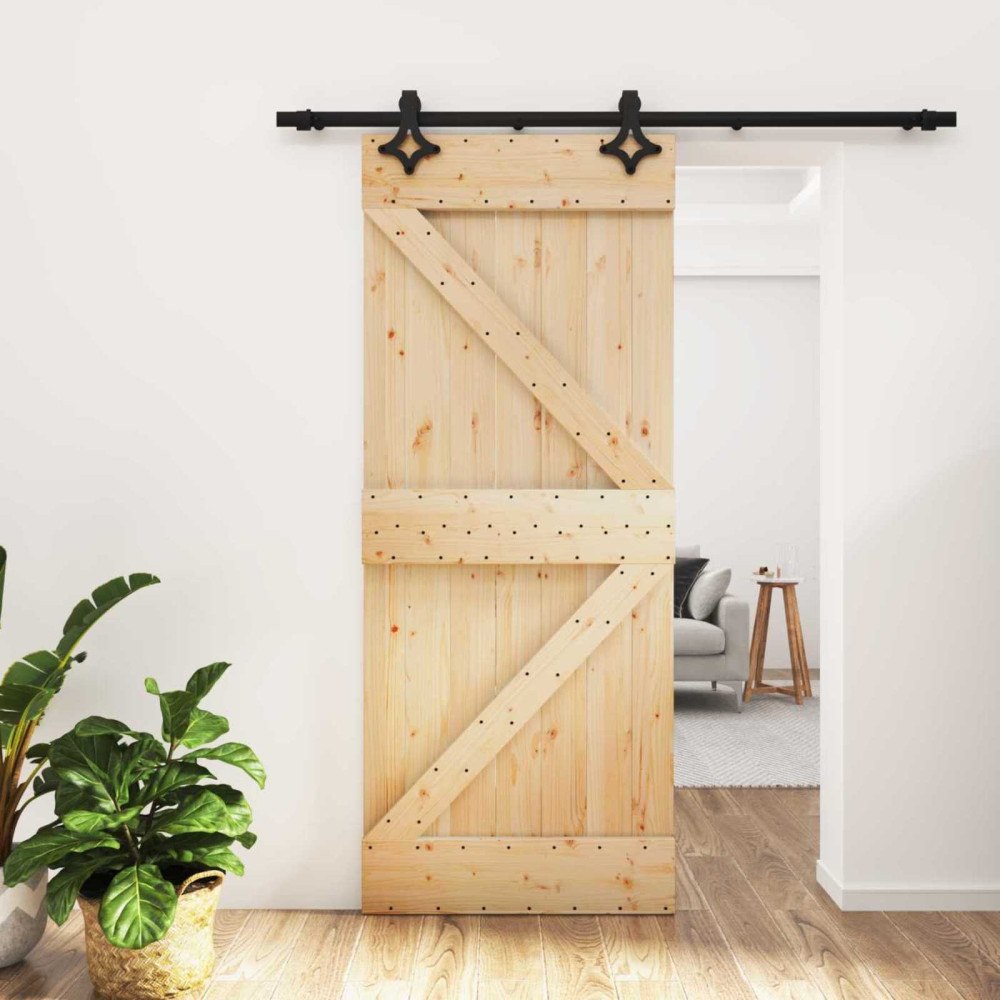 vidaXL Skjutdörr Naturlig och svart 85 x 210 cm Massiv furuträdörr