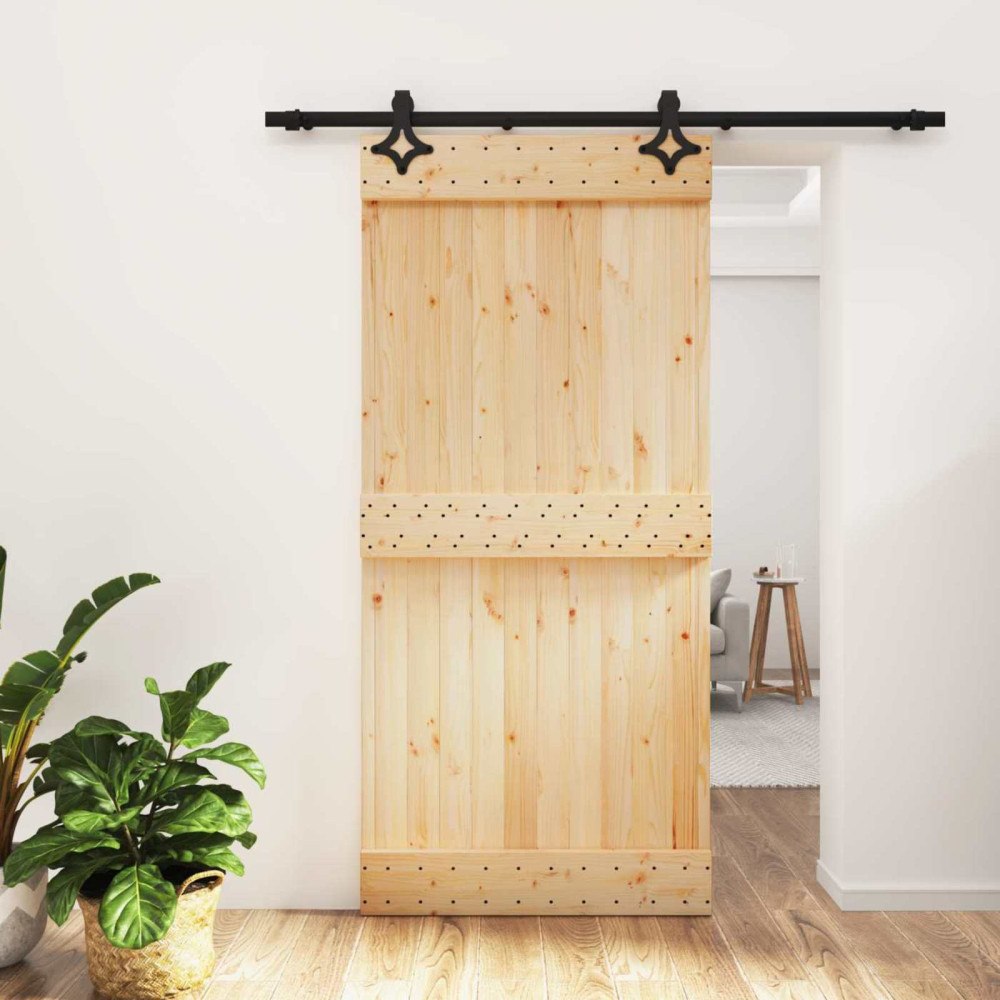 vidaXL Skjutdörr Naturlig och svart 95 x 210 cm Massiv furuträdörr