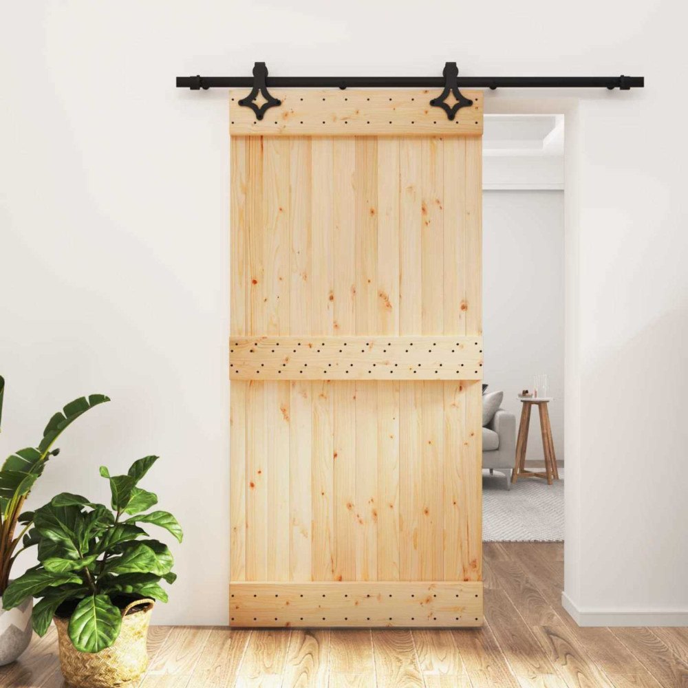 vidaXL Skjutdörr Naturlig och svart 100 x 210 cm Massiv furuträdörr