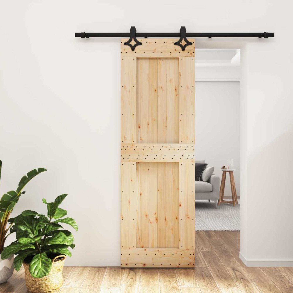 vidaXL Skjutdörr Naturlig och svart 70 x 210 cm Massiv furuträdörr