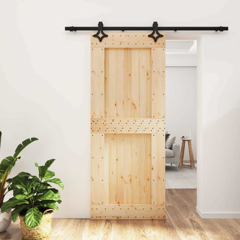 vidaXL Skjutdörr Naturlig och svart 85 x 210 cm Massiv furuträdörr