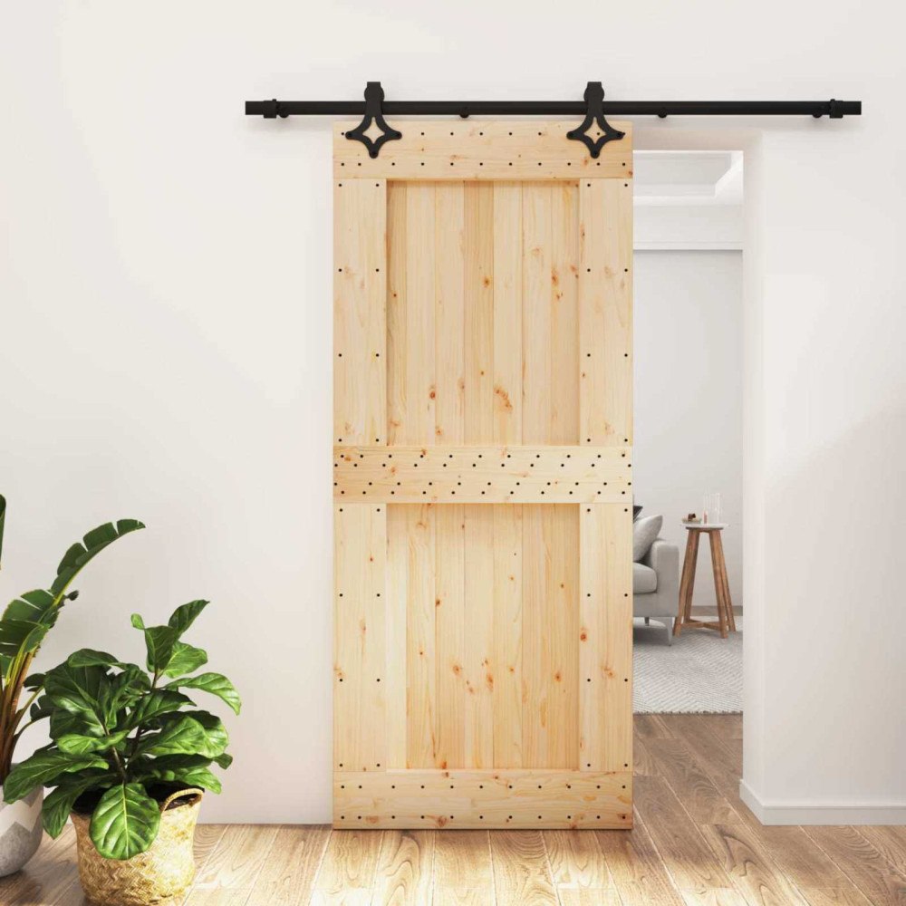 vidaXL Skjutdörr Naturlig och svart 90 x 210 cm Massiv furuträdörr