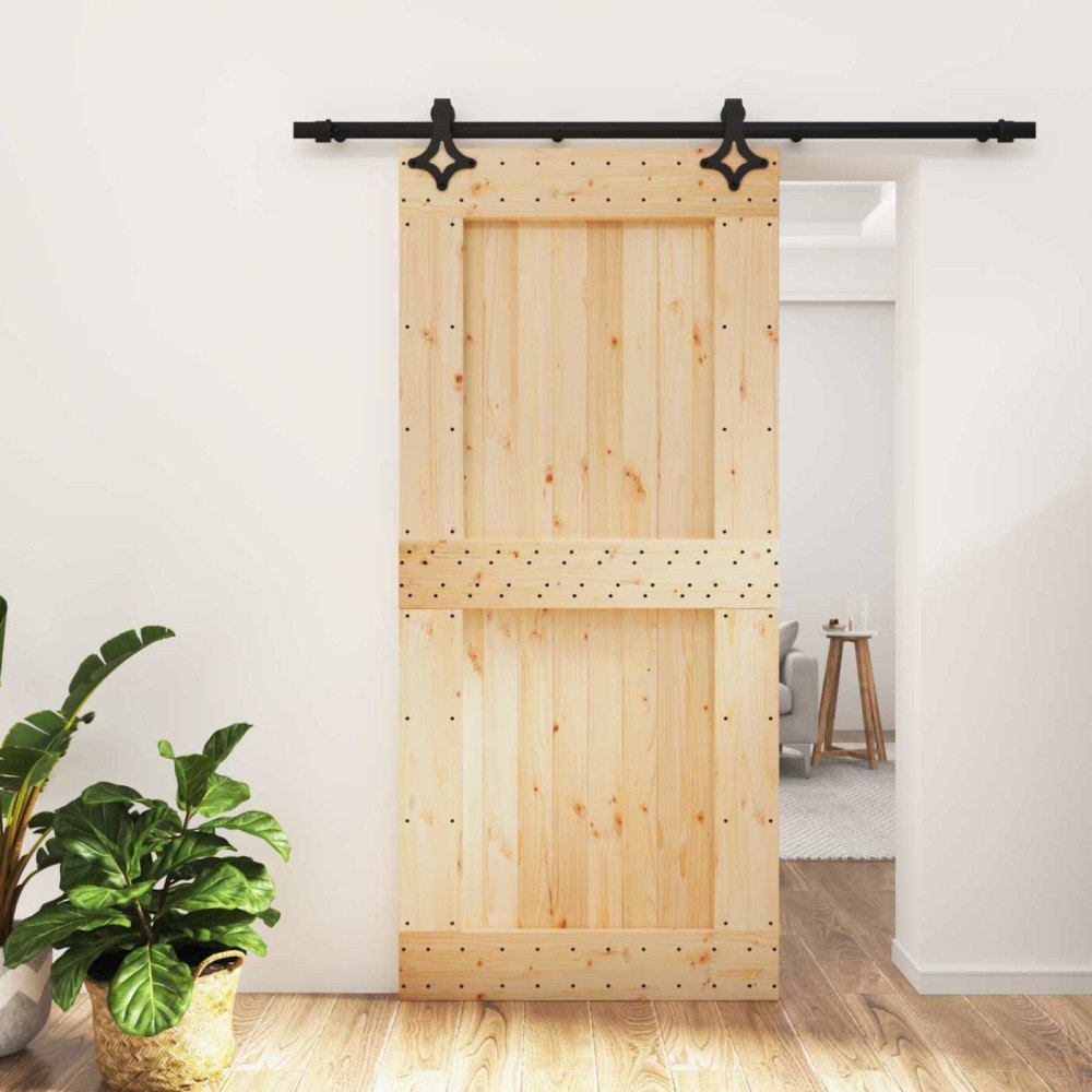 vidaXL Skjutdörr Naturlig och svart 95 x 210 cm Massiv furuträdörr