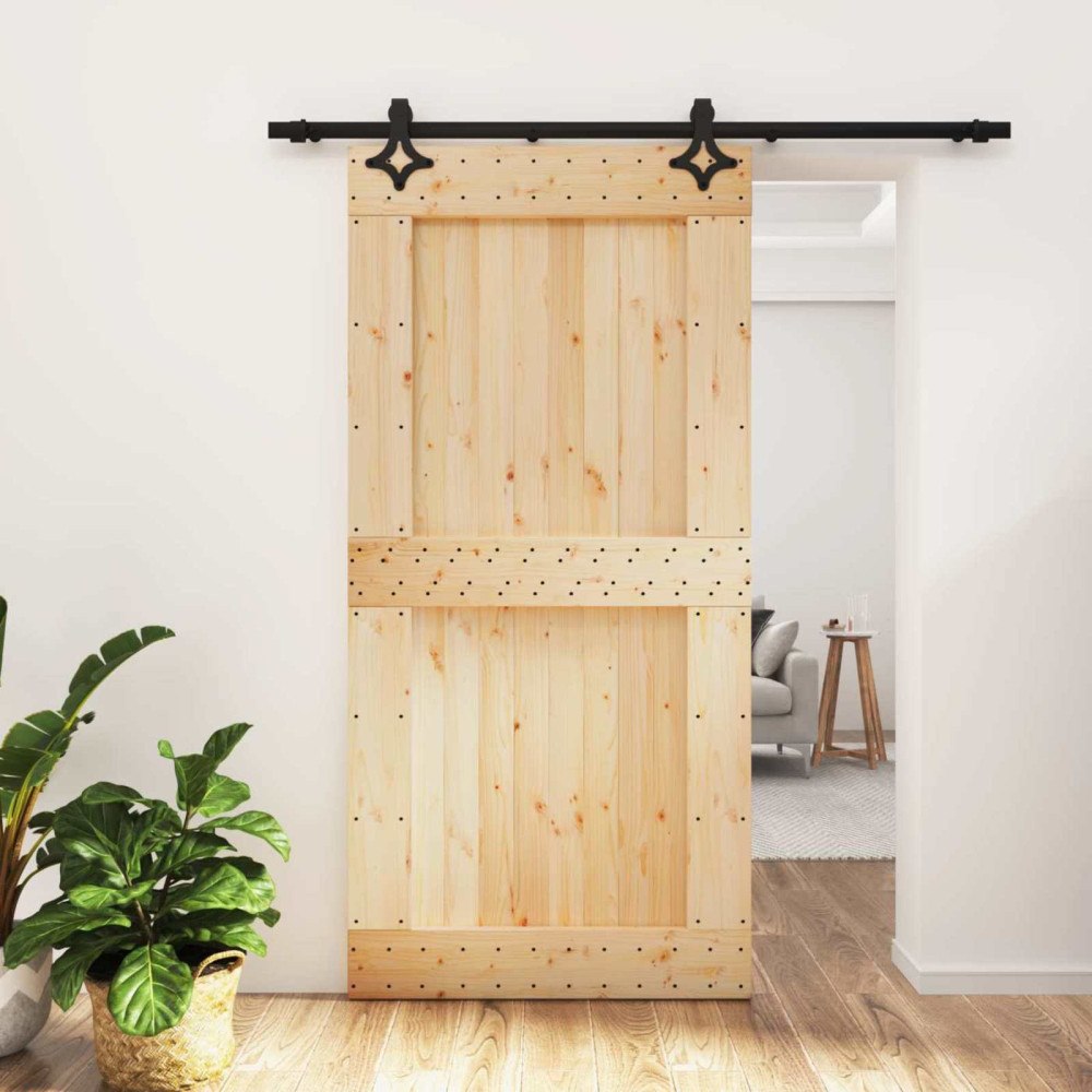 vidaXL Skjutdörr Naturlig och svart 100 x 210 cm Massiv furuträdörr