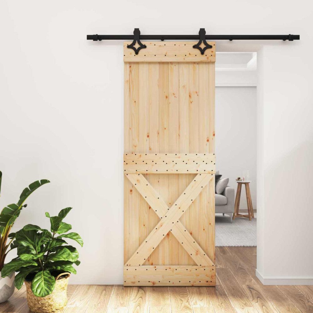 vidaXL Skjutdörr Naturlig och svart 80 x 210 cm Massiv furuträdörr