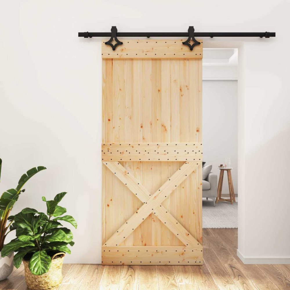 vidaXL Skjutdörr Naturlig och svart 95 x 210 cm Massiv furuträdörr