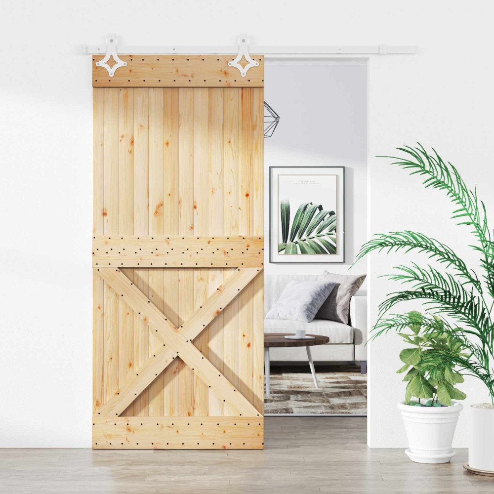 vidaXL Skjutdörr Naturlig och vit 90 x 210 cm Massiv furuträdörr