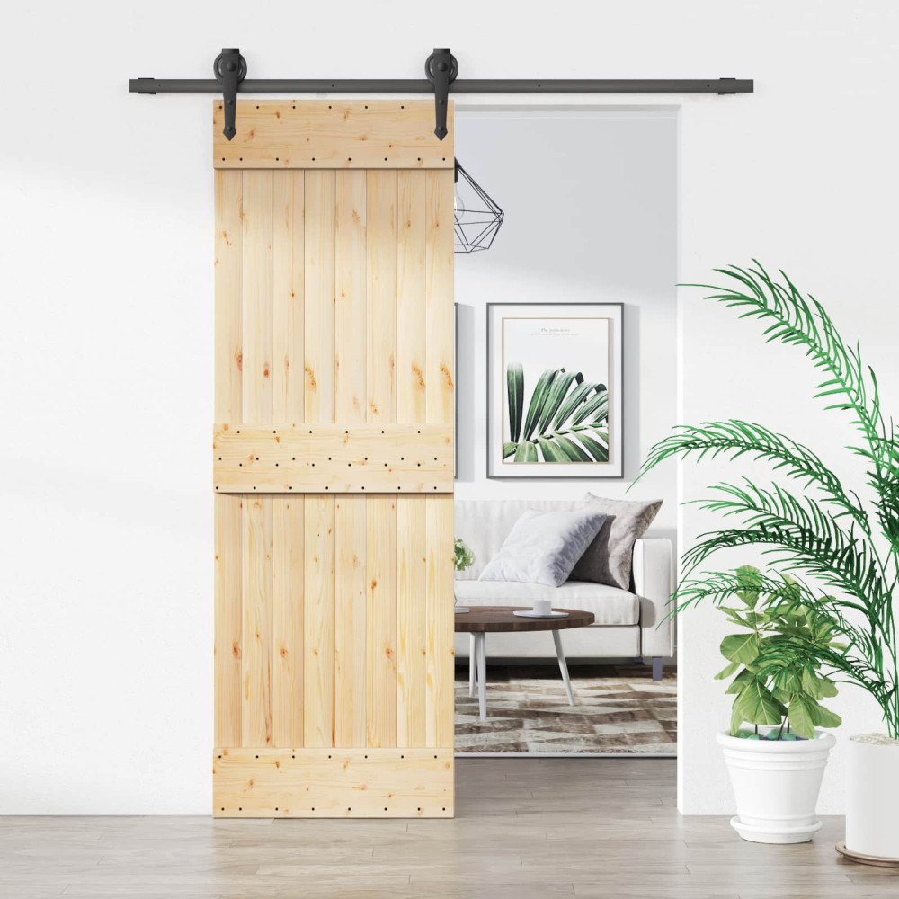 vidaXL Skjutdörr Naturlig och svart 70 x 210 cm Massiv furuträdörr
