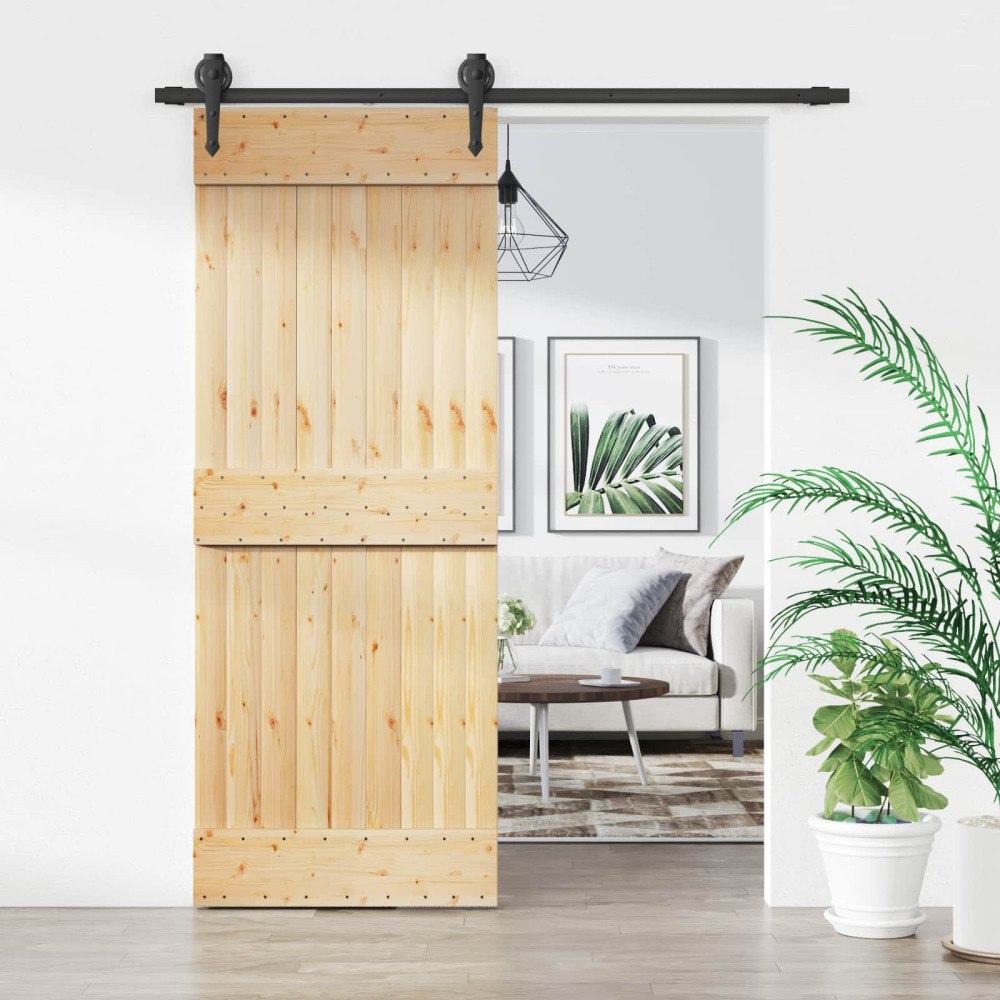 vidaXL Skjutdörr Naturlig och svart 80 x 210 cm Massiv furuträdörr