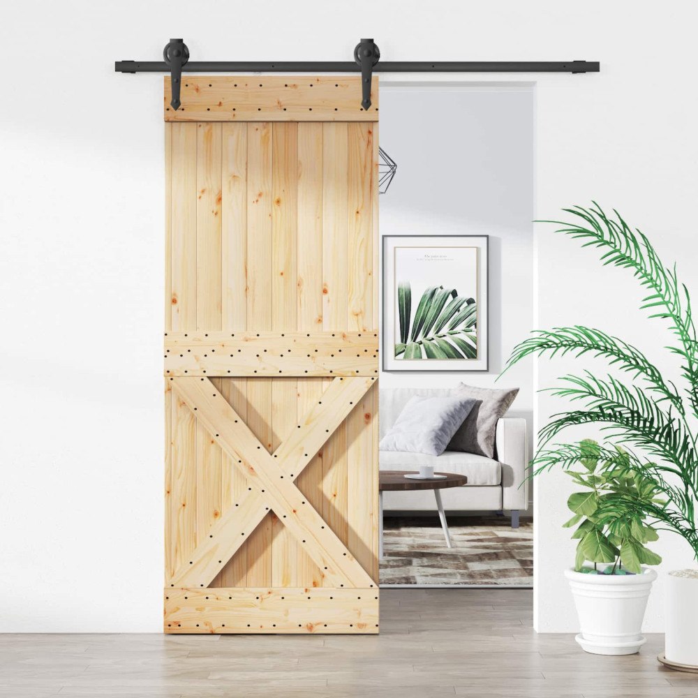vidaXL Skjutdörr Naturlig och svart 80 x 210 cm Massiv furuträdörr
