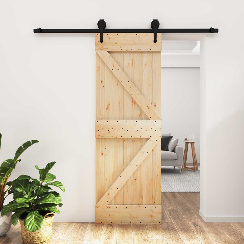 vidaXL Skjutdörr Naturlig och svart 70 x 210 cm Massiv furuträdörr