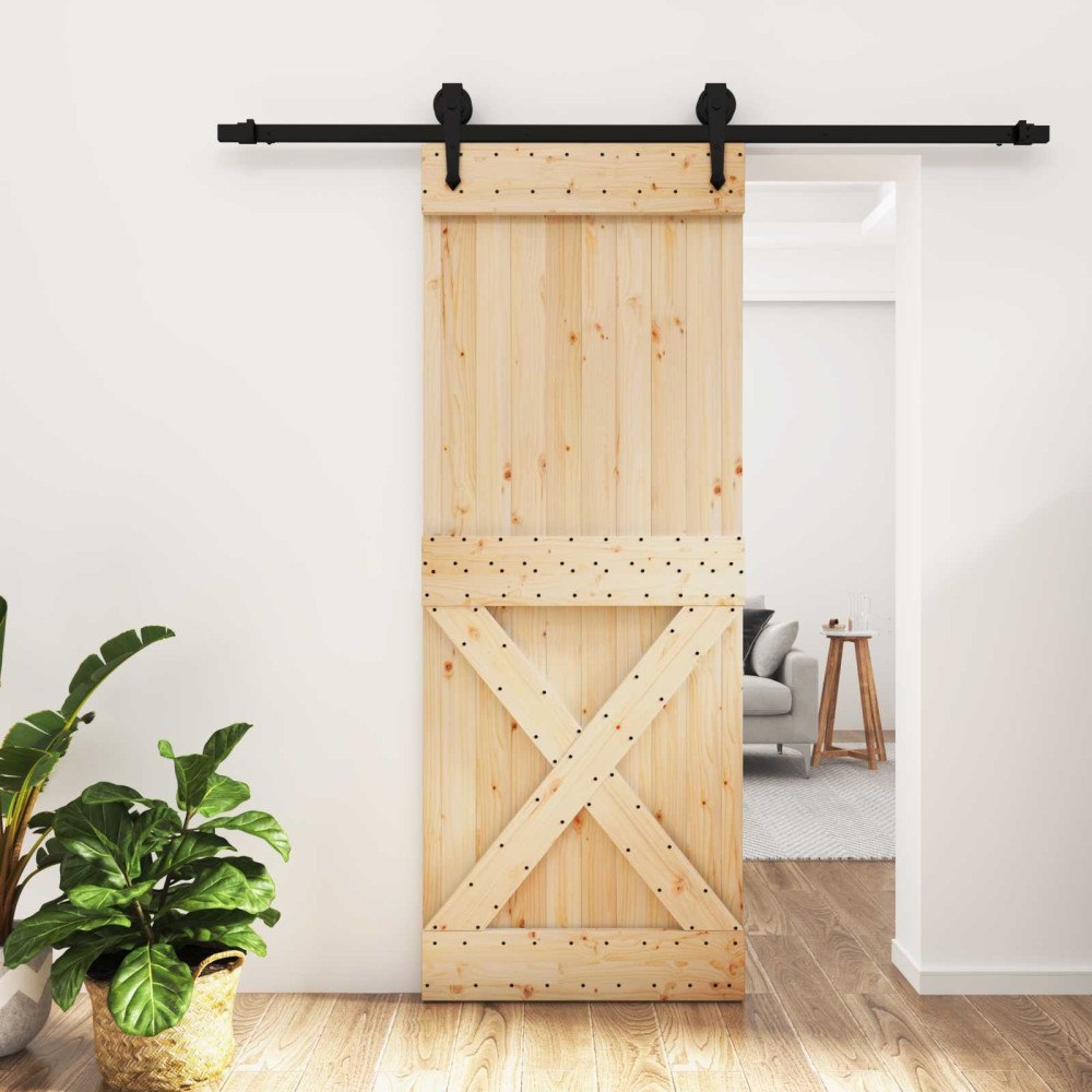 vidaXL Skjutdörr Naturlig och svart 80 x 210 cm Massiv furuträdörr