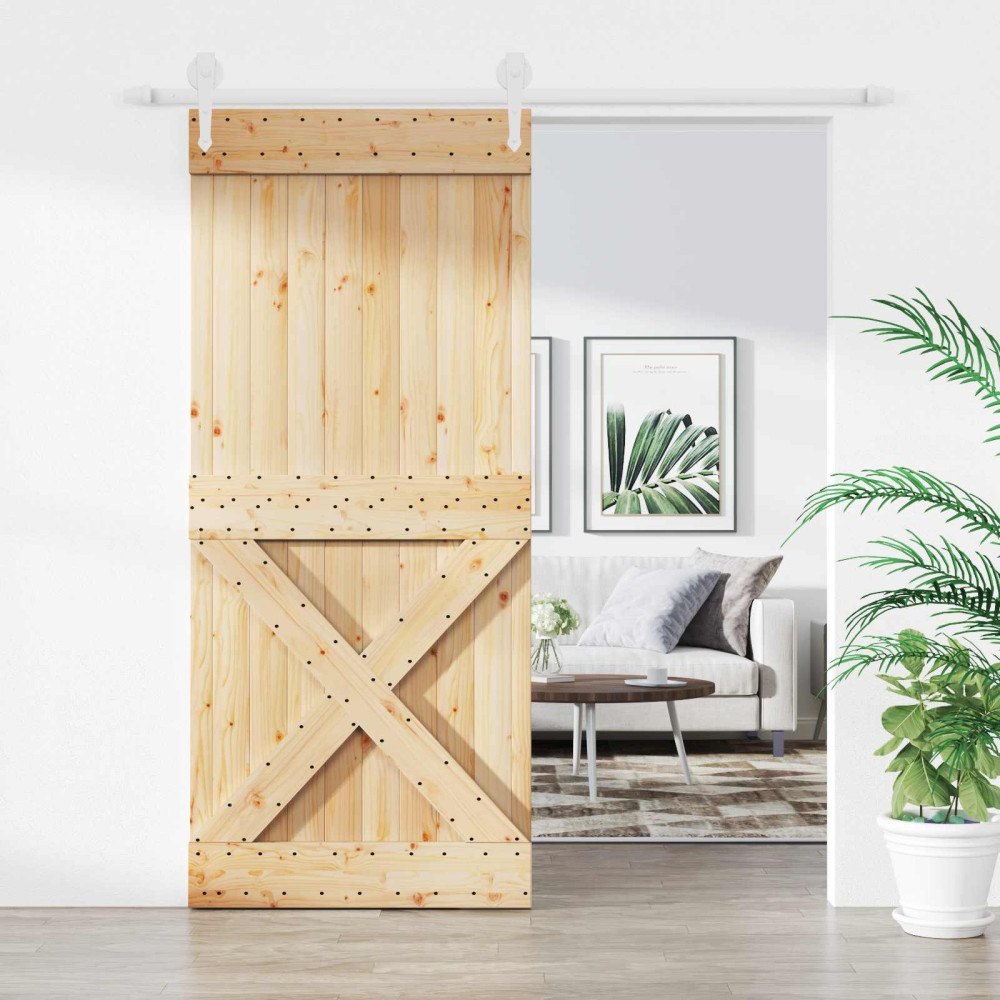 vidaXL Skjutdörr Naturlig och vit 90 x 210 cm Massiv furuträdörr