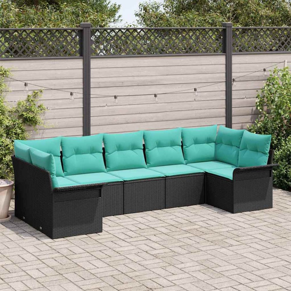 vidaXL Trädgårdsoffset med kudde 7 pcs Svart Poly rattan