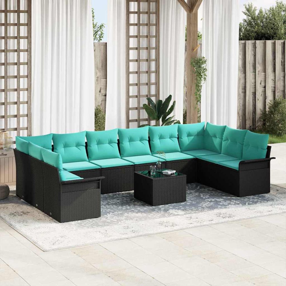 vidaXL Trädgårdsoffset med kudde 11 pcs Svart Poly rattan
