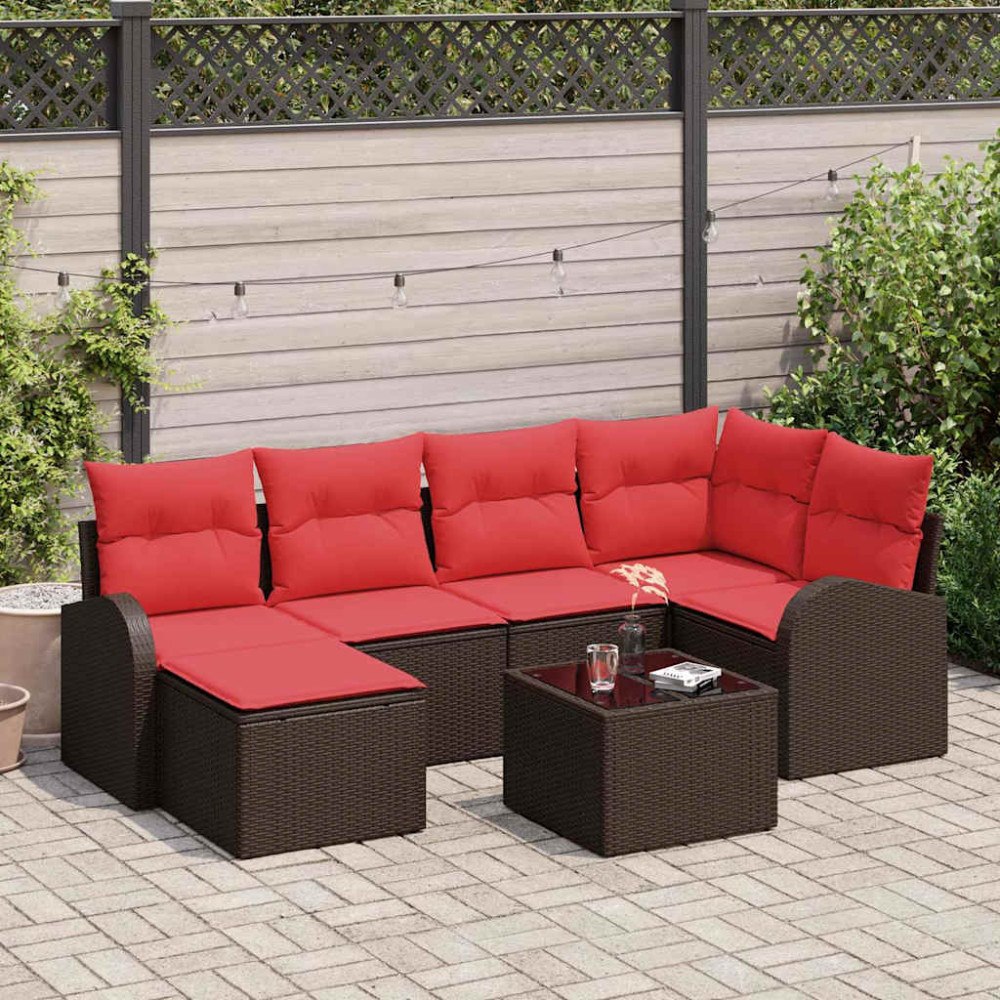vidaXL Trädgårdsoffset med kudde 7 pcs Brun Poly Rattan