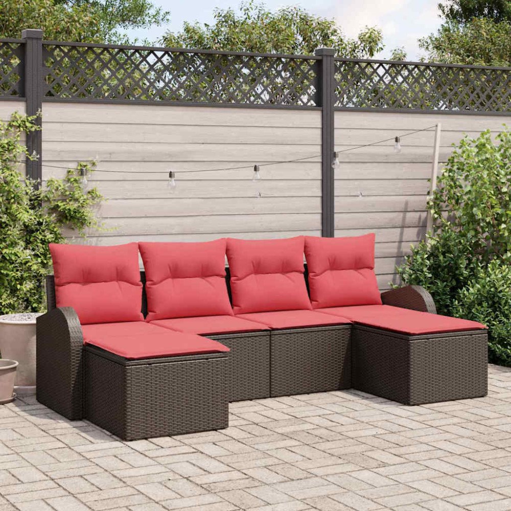 vidaXL Trädgårdsoffset med kudde 6 pcs Brun Poly Rattan