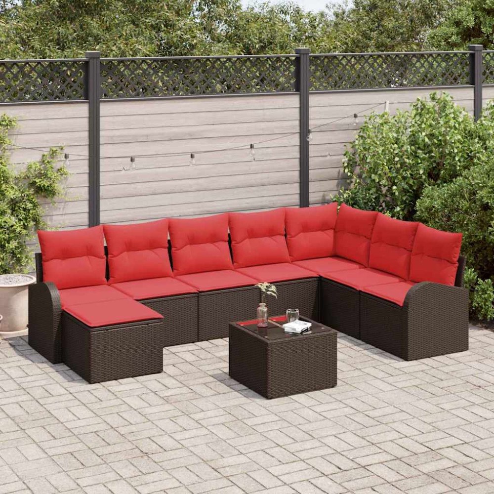 vidaXL Trädgårdsoffset med kudde 9 pcs Brun Poly Rattan