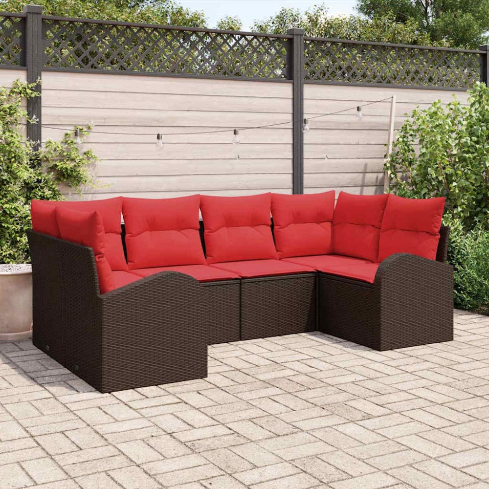 vidaXL Trädgårdsoffset med kudde 6 pcs Brun Poly Rattan