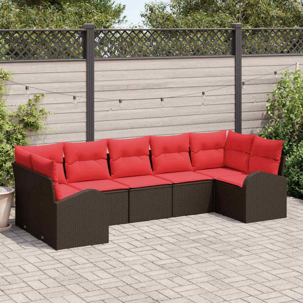 vidaXL Trädgårdsoffset med kudde 7 pcs Brun Poly Rattan