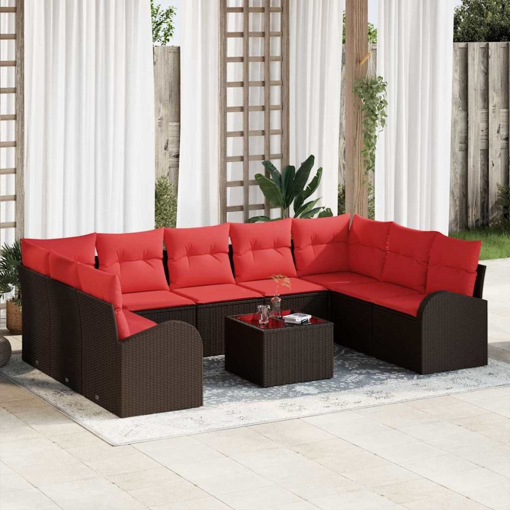 vidaXL Soffset med kudde 10 pcs Brun Poly Rattan