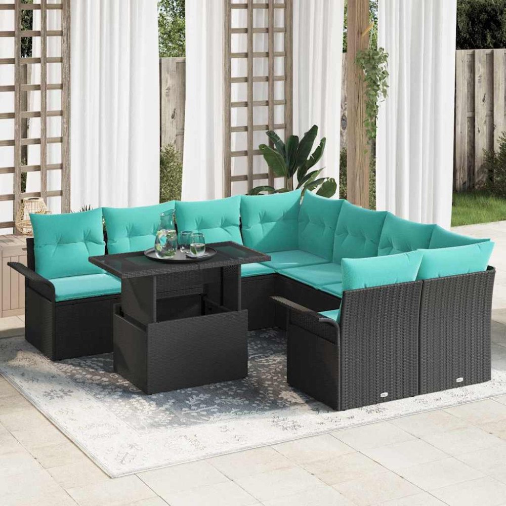 vidaXL Trädgårdsoffset med kudde 9 pcs Svart Poly rattan