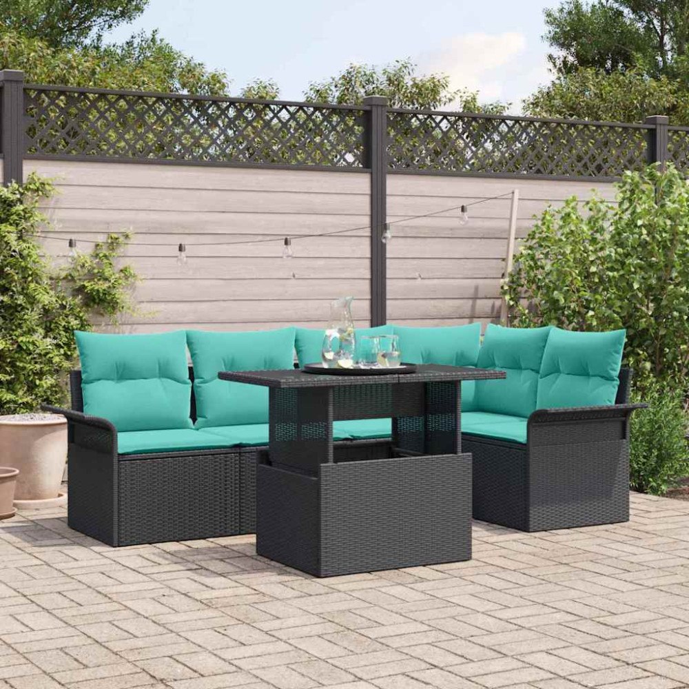 vidaXL Trädgårdsoffset med kudde 6 pcs Svart Poly rattan