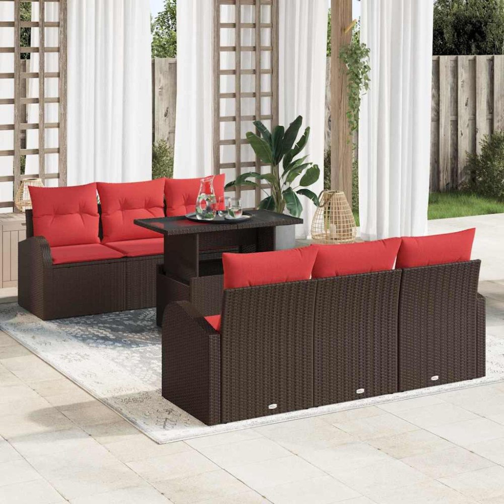 vidaXL Trädgårdsoffset med kudde 7 pcs Brun Poly rattan