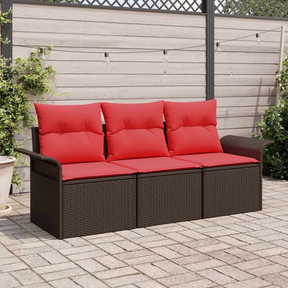 vidaXL Trädgårdsoffset med kudde med lagring 3 pcs Brun Poly rattan