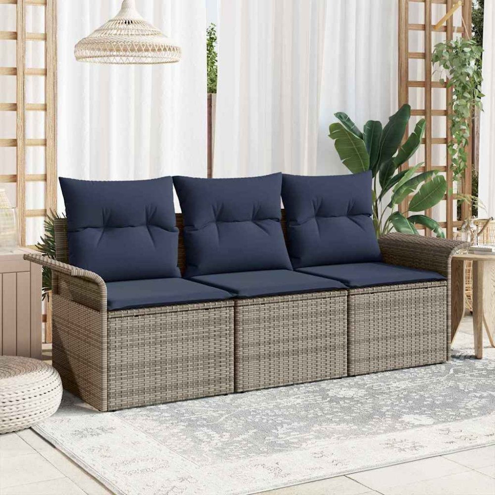 vidaXL Trädgårdsoffset med kudde med lagring 3 pcs Grå Poly rattan