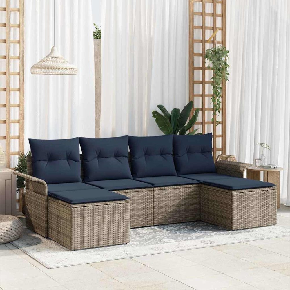 vidaXL Trädgårdsoffset med kudde med lagring 6 pcs Grå Poly rattan