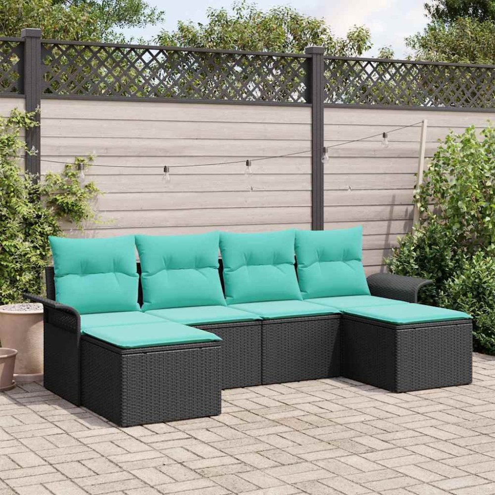 vidaXL Trädgårdsoffset med kudde med lagring 6 pcs Svart Poly rattan