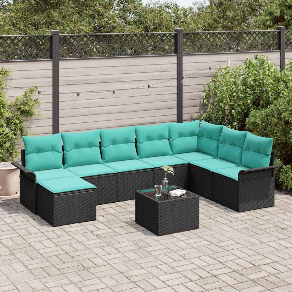 vidaXL Trädgårdsoffset med kudde med lagring 9 pcs Svart Poly rattan