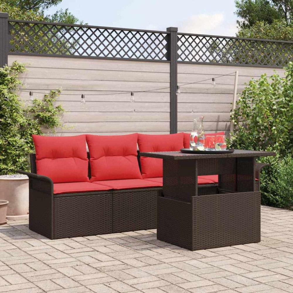 vidaXL Trädgårdsoffset med kudde med lagring 5 pcs Brun Poly rattan