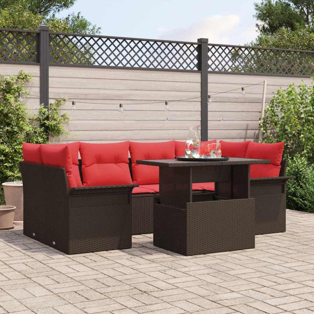 vidaXL Trädgårdsoffset med kudde med lagring 7 pcs Brun Poly Rattan