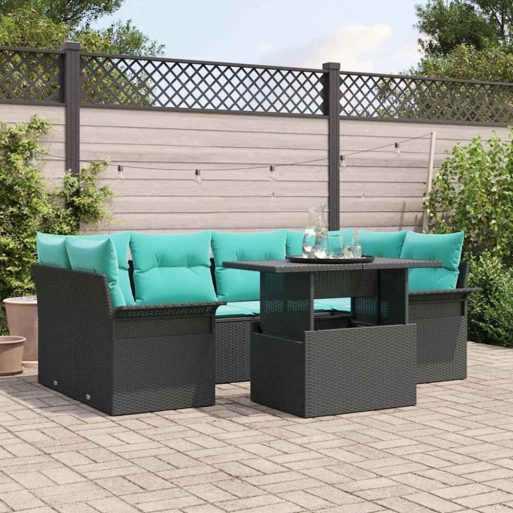 vidaXL Trädgårdsoffset med kudde med lagring 7 pcs Svart Poly Rattan