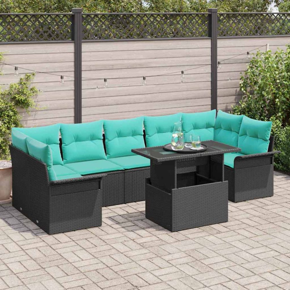 vidaXL Trädgårdsoffset med kudde med lagring 8 pcs Svart Poly Rattan