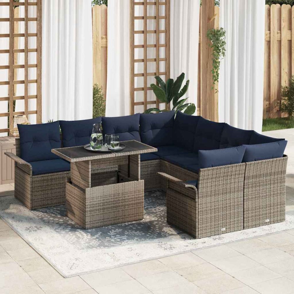 vidaXL Trädgårdsoffset med kudde med lagring 9 pcs Grå Poly Rattan