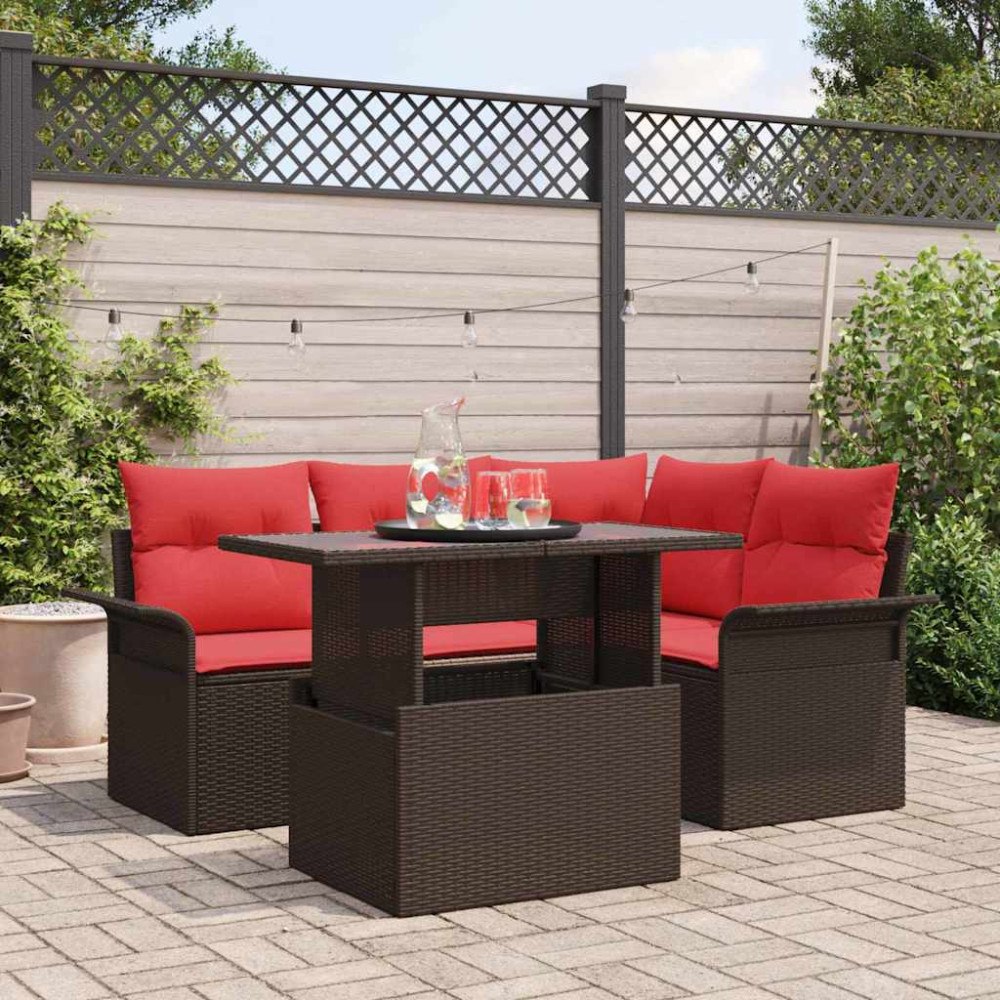 vidaXL Trädgårdsoffset med kudde med lagring 5 pcs Brun Poly Rattan