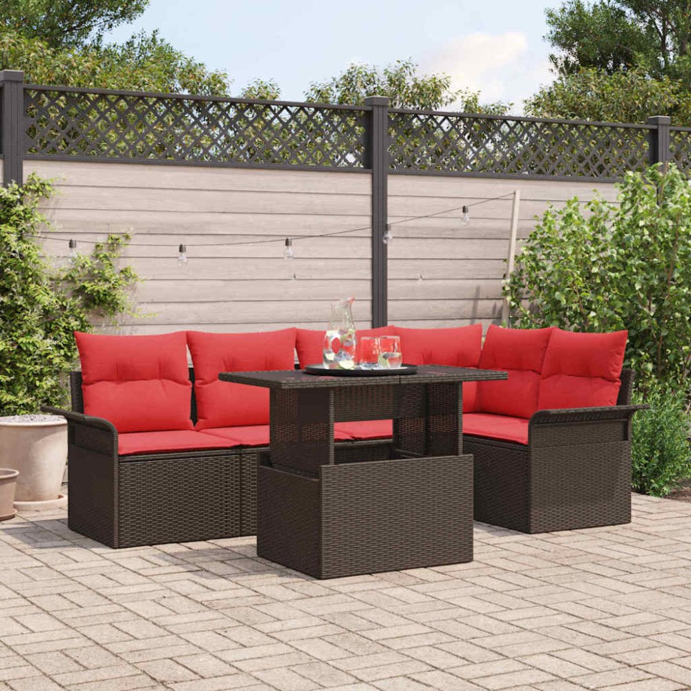 vidaXL Trädgårdsoffset med kudde med lagring 6 pcs Brun Poly Rattan