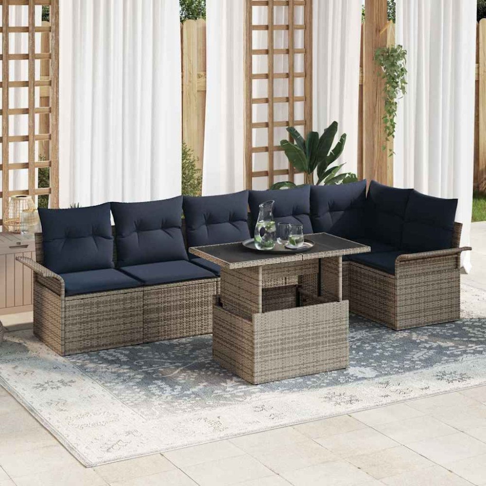 vidaXL Trädgårdsoffset med kudde med lagring 7 pcs Grå Poly rattan