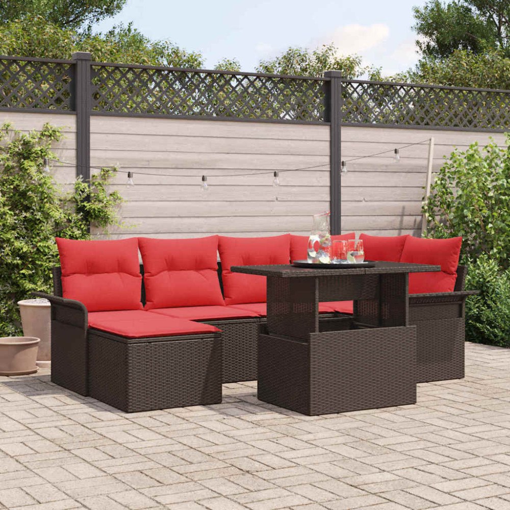 vidaXL Trädgårdsoffset med kudde med lagring 7 pcs Brun Poly Rattan