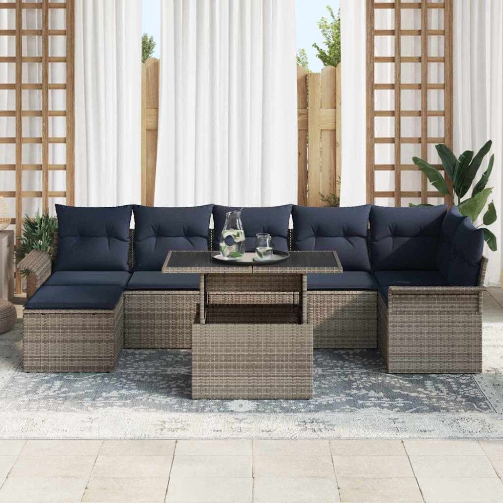 vidaXL Trädgårdsoffset med kudde med lagring 8 pcs Grå Poly Rattan