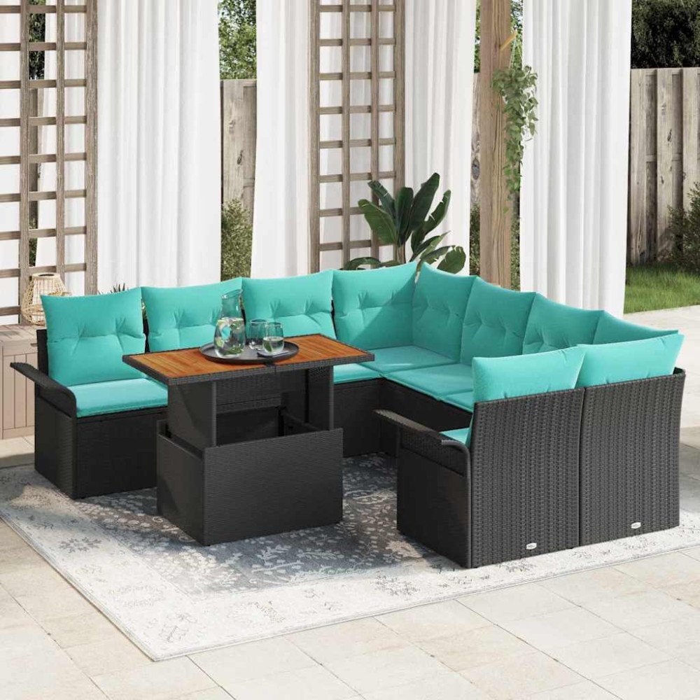 vidaXL Trädgårdsoffset med lagring 9 pcs Svart Poly rattan