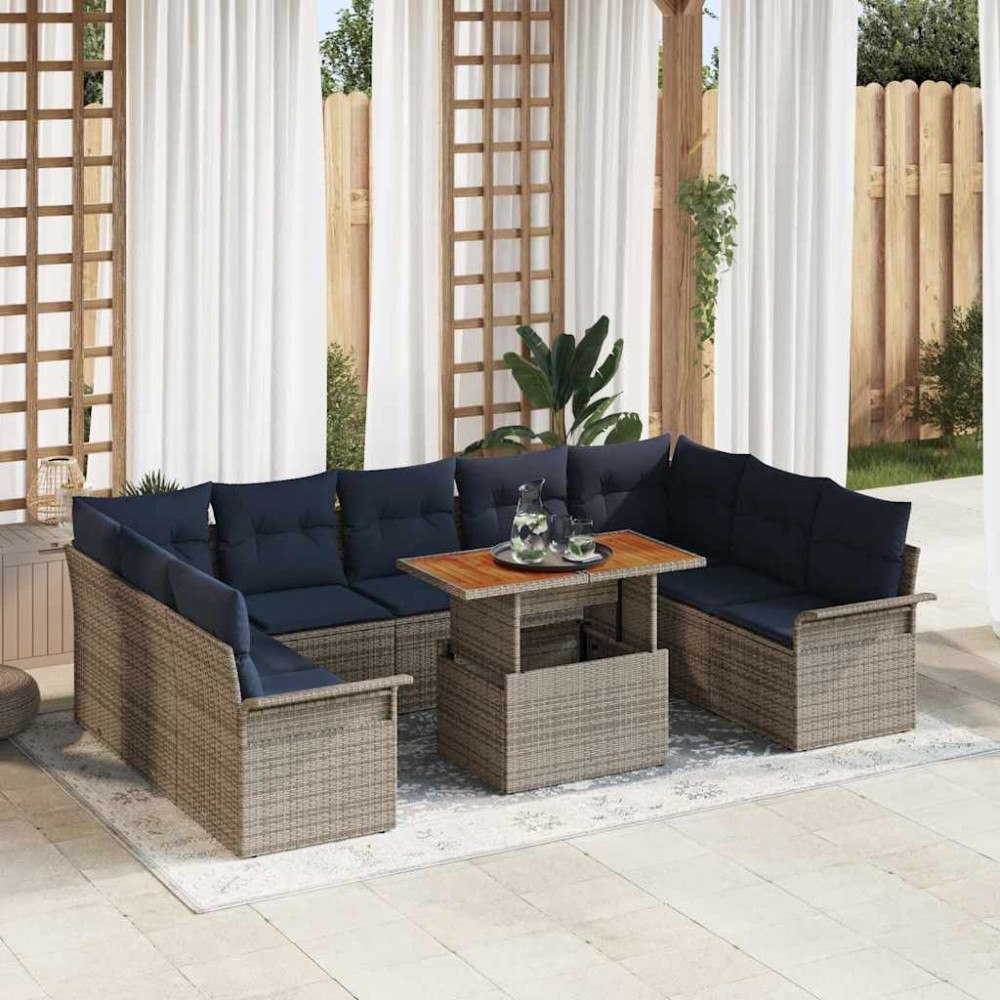 vidaXL Trädgårdsoffset med lagring 10 pcs Grå Poly rattan