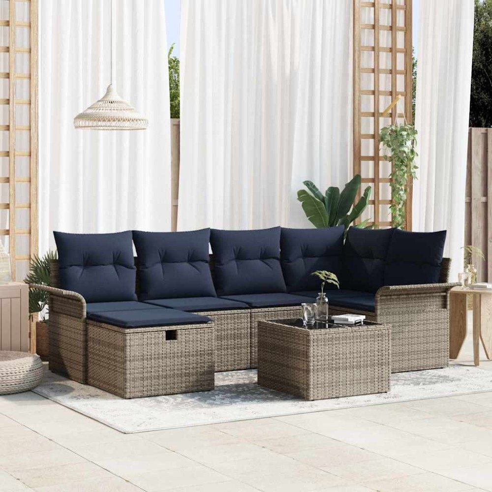 vidaXL Trädgårdsoffset med kudde med lagring 7 pcs Grå Poly rattan